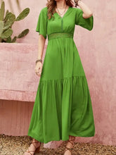 Lace Detail V-Neck Short Sleeve Dress Green Woman Casual Dress