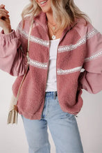Lace Detail Zip Up Sherpa Patchwork Jacket Dusty Pink M Woman Outerwear