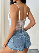 White lace frill strap bodysuit with thin straps and delicate floral lace frill pattern for elegant wear