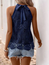 Lace Grecian Neck Tie Back Top Navy Tanks & Camis
