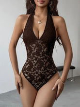 Dark brown lace halter bodysuit with deep v-neckline and intricate floral patterns featuring a lace halter design