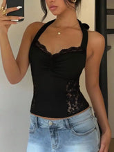 Black lace halter neck cami with ruched front and delicate lace detailing perfect for elegant layering