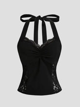 Black lace halter neck cami with lace trim and tied-back neckband for elegant layering or casual wear
