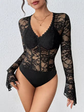 Black lace long sleeve bodysuit with flared sleeves and corset-style front for elegant evening wear