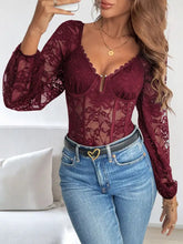 Maroon lace long sleeve corset top with floral pattern and boning in a lace long sleeve bodysuit design
