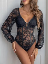 Black lace long sleeve bodysuit with sheer sleeves and corset-style front for elegant evening wear