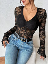 Black lace long sleeve bodysuit with floral pattern and corset style front detail for elegant wear
