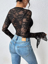 Black lace long sleeve bodysuit with floral pattern and bell sleeves in lace long sleeve design