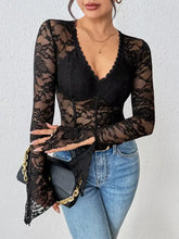 Black lace long sleeve bodysuit with plunging neckline and corset-style front detailing for elegant wear