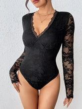 Black lace long sleeve bodysuit with deep v-neckline featuring elegant lace long sleeve design for stylish wear