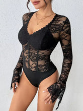 Black lace long sleeve bodysuit with corset-style front combining elegance and style in lace long sleeve design