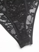 Black lace thong with intricate floral patterns and mesh texture complementing a lace long sleeve bodysuit design