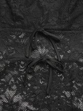 Black lace long sleeve bodysuit with delicate floral patterns and sleeve v neck featuring two ribbon waist ties
