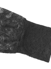 Black lace long sleeve v neck bodysuit featuring intricate floral patterns and delicate sheer fabric texture
