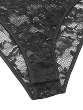 Black lace high-waisted bikini bottom with floral patterns and smooth trim complementing lace long sleeve v neck bodysuit