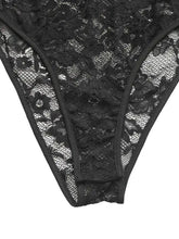 Black lace thong with intricate floral patterns and sheer mesh texture complementing lace long sleeve v neck bodysuit