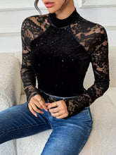 Black lace mock neck bodysuit with velvet glitter bodice and sheer lace long sleeves for elegant wear