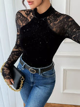Black lace mock neck bodysuit with sheer mesh long sleeves and sparkling lace mock bodice