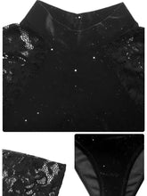 Black velvet and lace mock neck bodysuit with sparkling sequin accents featuring elegant lace mock design