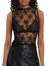 Black floral lace mock neck halter top with sheer mesh overlay featuring intricate lace mock design
