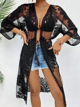Black sheer lace open embroidered longline kimono with bell sleeves