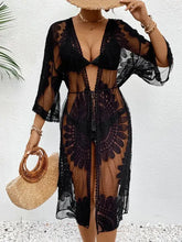Black lace open front longline cover-up with sheer kaftan