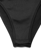 Black textured fabric bikini bottom with neat stitching complements lace panel cowl neck sleeveless bodysuit design