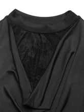 Black sleeveless bodysuit with lace panel cowl neck and sheer lace panel at the neckline
