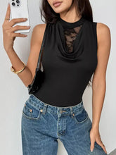 Black sleeveless bodysuit with a high neckline and lace panel cowl front for elegant layering and style