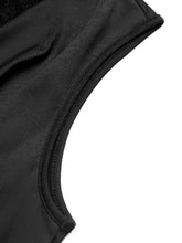 Black sleeveless lace panel cowl neck bodysuit with smooth stretchy fabric and neatly stitched edges