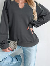 Dark gray lace patchwork detail notched mineral wash sweatshirt with keyhole neckline and lace trim sleeves machine wash tumble dry low