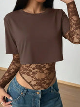 Brown lace patchwork round neck bodysuit featuring sheer lace long sleeves and matching lace bodice underneath