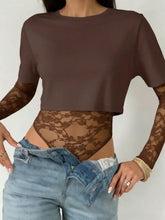 Brown lace patchwork round neck bodysuit with sheer long sleeves and cropped top design in lace patchwork material