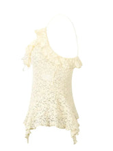 Cream-colored lace ruffle trim tie-front cami with one shoulder strap and elegant ruffle detailing