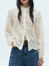 A delicate ivory lace sheer long blouse with high collar and button-down front long sleeve shirt