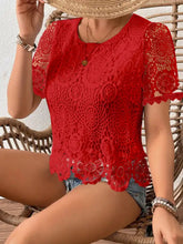 Red lace short sleeve blouse with flutter sleeves and scalloped hem in a delicate lace short sleeve design