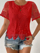 Red lace short sleeve blouse with flutter sleeves and scalloped hem in lace short sleeve design