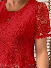 A vibrant red lace short sleeve blouse featuring intricate circular patterns and delicate lace short detailing