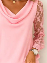 Pink lace sleeve cowl neck blouse featuring a soft cowl neck and delicate lace sleeves for elegant wear