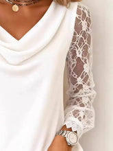 White lace sleeve cowl neck blouse featuring delicate lace sleeves and a soft cowl neck design