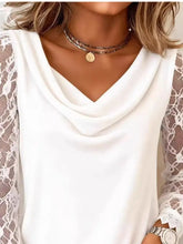 White lace sleeve cowl neck blouse featuring delicate lace sleeves and a soft cowl neck design in lightweight fabric