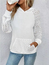 White lace sleeve kangaroo pocket hoodie with soft knit body crochet detailing slightly stretchy machine wash care instructions