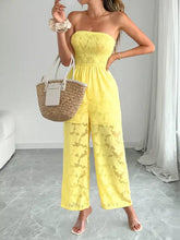 Bright yellow lace smocked tube jumpsuit, machine wash cold