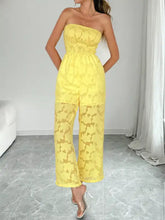Vibrant yellow lace smocked tube jumpsuit with wide-leg design