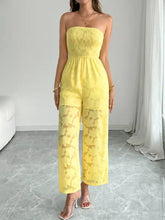 Vibrant yellow lace smocked tube jumpsuit with wide-leg design