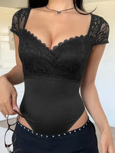 Black lace sweetheart cap sleeve bodysuit with short sleeves and a flattering square neckline for elegant wear