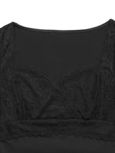 Black lace sweetheart cap sleeve bodysuit with delicate floral lace patterns and smooth stretchy fabric base