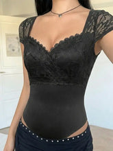 Black lace sweetheart cap sleeve bodysuit with sheer short sleeves and fitted silhouette in lace material