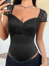 Black lace sweetheart lace cap sleeve bodysuit with fitted silhouette and short sleeves for elegant wear