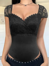 Black lace sweetheart lace sweetheart neck cap sleeve bodysuit with short sleeves and fitted silhouette